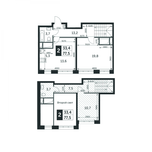 2-комнатная, квартира, 77.5 м²
