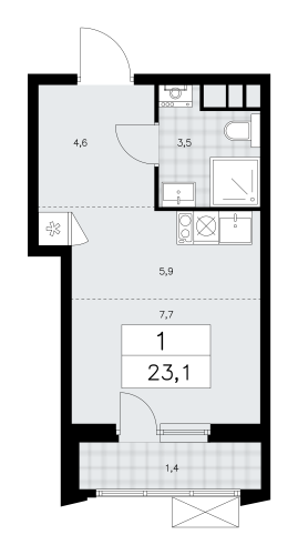 1-комнатная, 23.1 м²