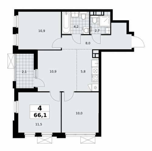 Многокомнатная, 66.1 м²