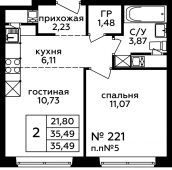 2-комнатная квартира 35,49 м²