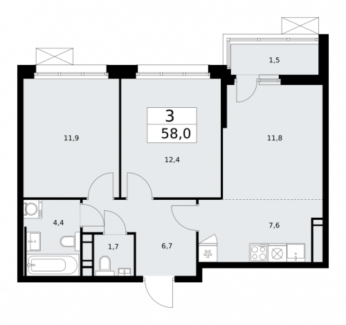 3-комнатная, 58 м²