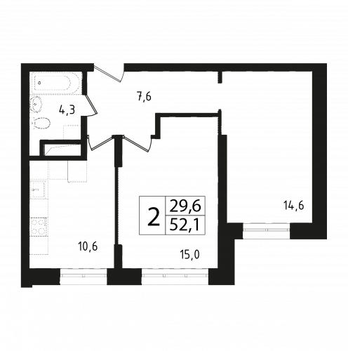 2-комнатная, квартира, 51.8 м²