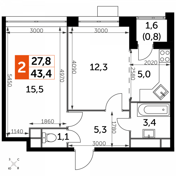 2 комнаты до 43.4