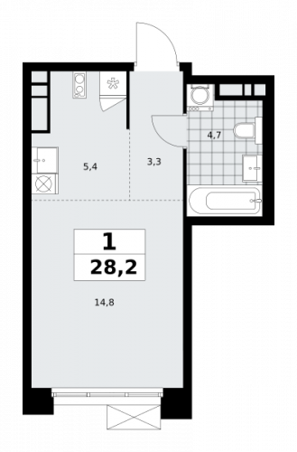 1-комнатная, 28.2 м²