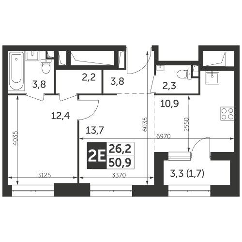 2-комнатная, квартира, 50.9 м²