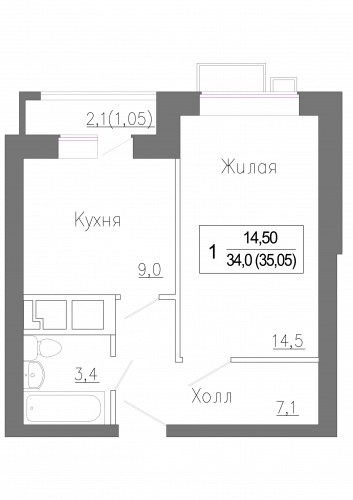 1-комнатная, 35.05 м²
