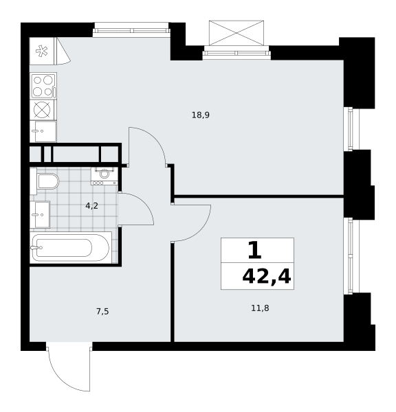 1-комнатная квартира №58К-7.1.4-684, 42,4 м² за 13,39 млн руб. в ЖК «Прокшино» - планировка