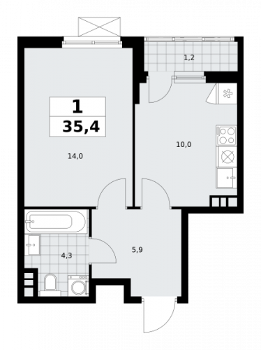 1-комнатная, 35.4 м²