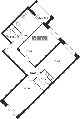3-комнатная, квартира, 74.72 м²