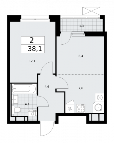 2-комнатная, 38.1 м²