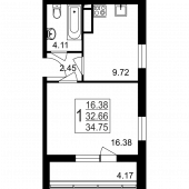 1-комнатная квартира 34,75 м²