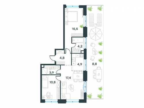3-комнатная, 71.7 м²