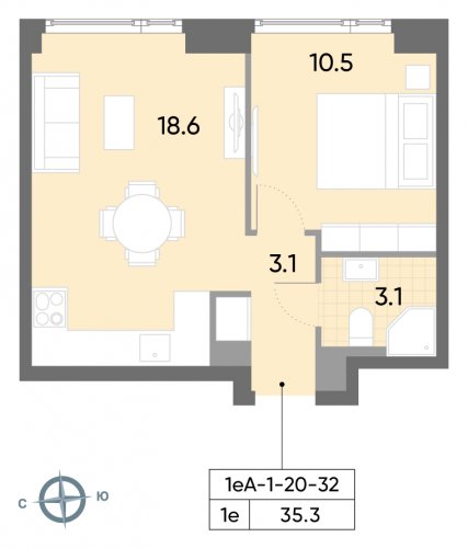 1-комнатная, квартира, 35.3 м²