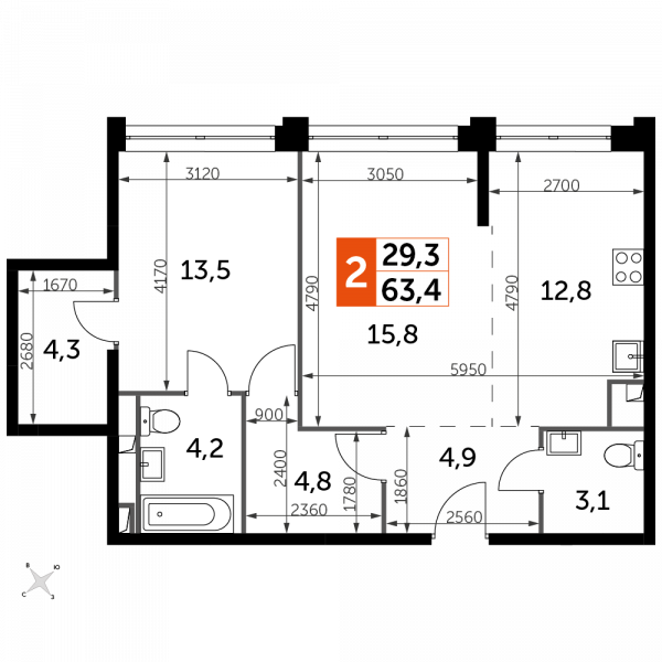 2 комнаты до 63.4
