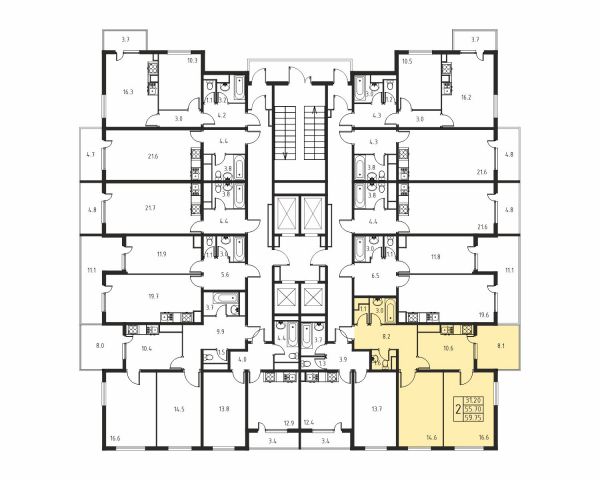 2-комнатная, квартира, 55.7 м²