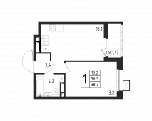 1-комнатная квартира 38,3 м²