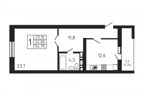 1-комнатная, квартира, 54.75 м²