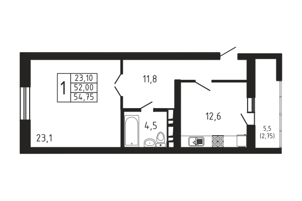 1-комнатная, квартира, 54.75 м²