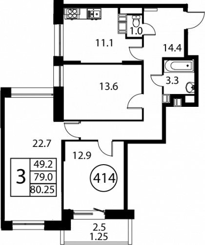 3-комнатная, квартира, 80.25 м²