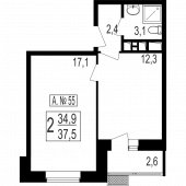 1-комнатная квартира 34,9 м²