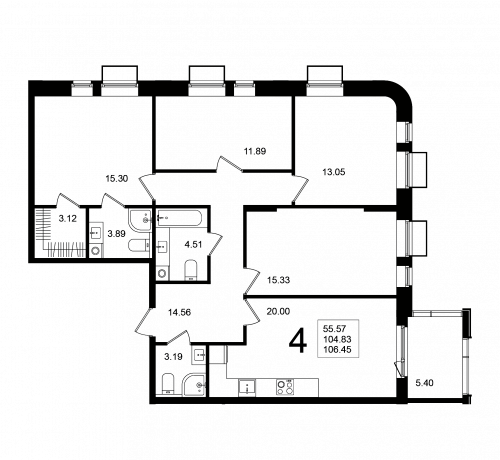 Многокомнатная, квартира, 106.45 м²