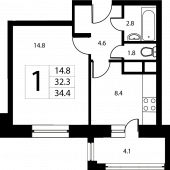 1-комнатная квартира 34,4 м²
