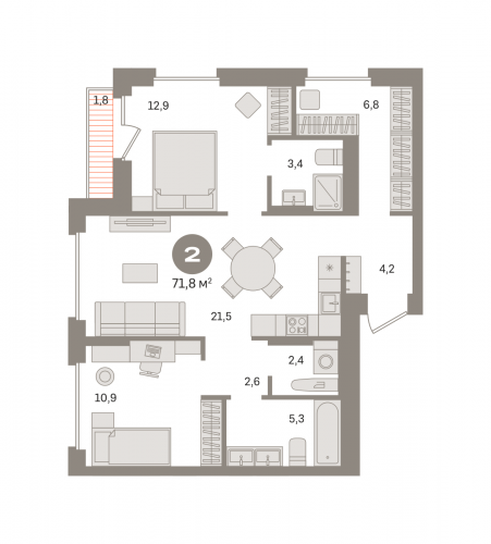 2-комнатная, квартира, 71.77 м²