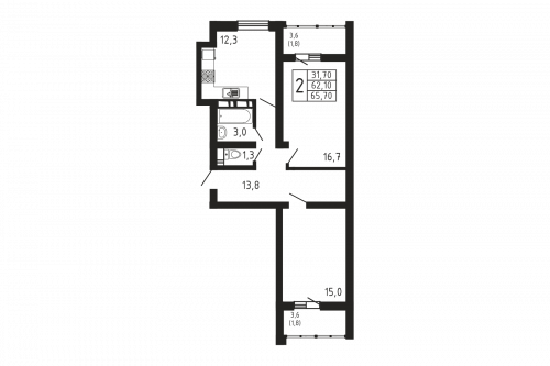 2-комнатная, квартира, 65.7 м²