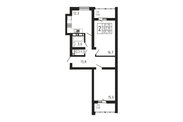 2-комнатная, квартира, 65.7 м²