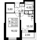 1-комнатная квартира 39,69 м²