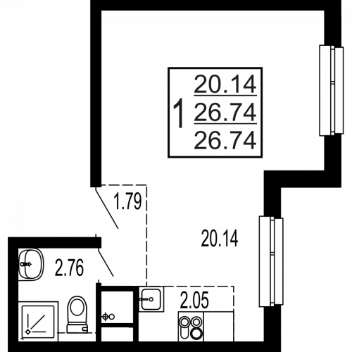 Студия, 27.6 м²