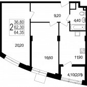 2-комнатная квартира 62.42 м²
