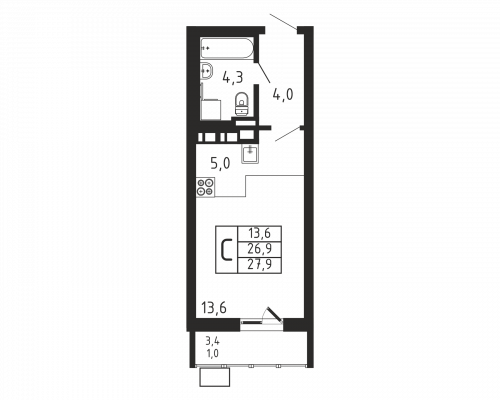 Студия, 27.9 м²
