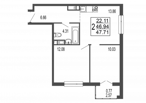 2-комнатная, квартира, 48.78 м²