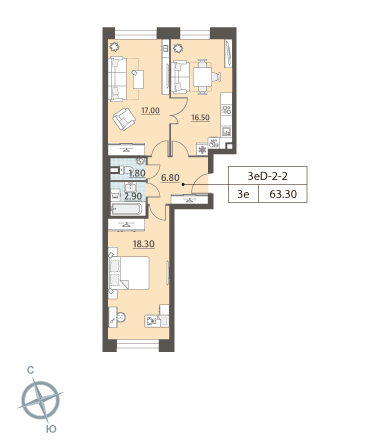 2-комнатная, квартира, 63.3 м²
