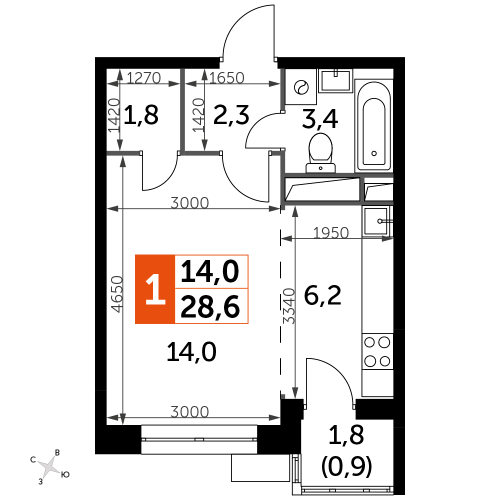 Студия, 28.6 м²
