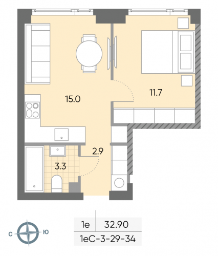 1-комнатная, квартира, 32.9 м²