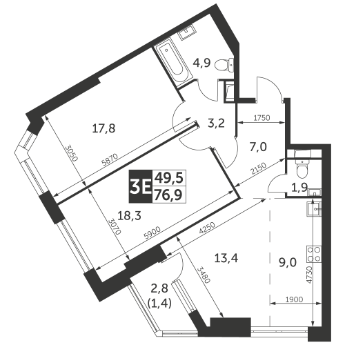 3-комнатная, квартира, 76.9 м²