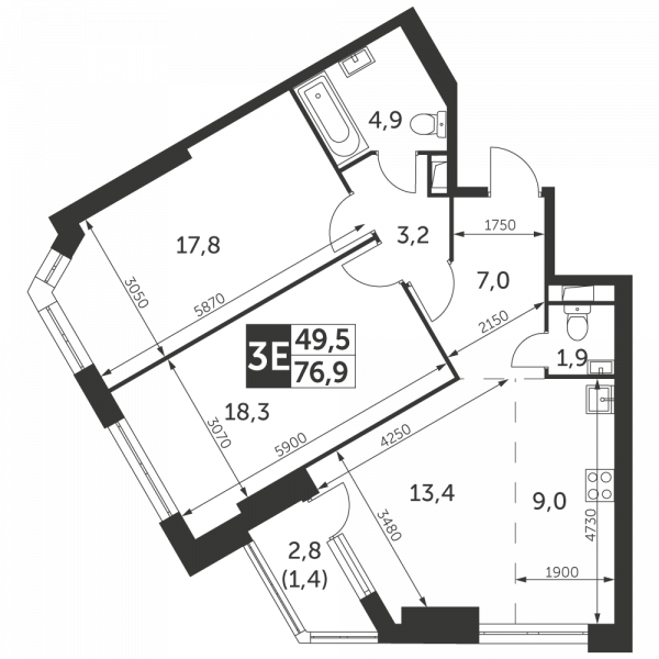 3 комнаты до 76.9