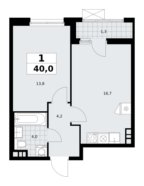 1-комнатная квартира №58К-7.1.1-34, 40,0 м² за 12,31 млн руб. в ЖК «Прокшино» - планировка