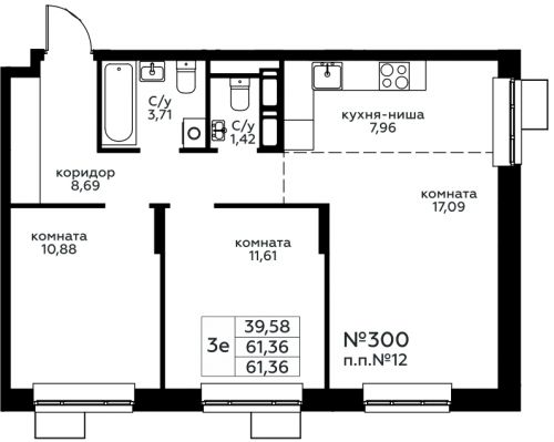 3-комнатная, 61.36 м²