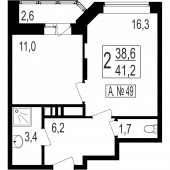 1-комнатная квартира 38,6 м²