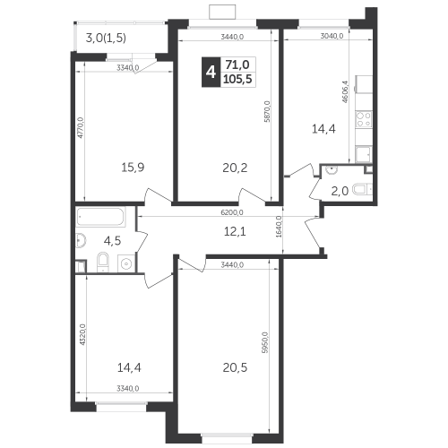 Многокомнатная, квартира, 105.3 м²