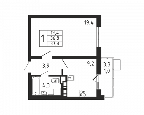 1-комнатная, квартира, 37.8 м²