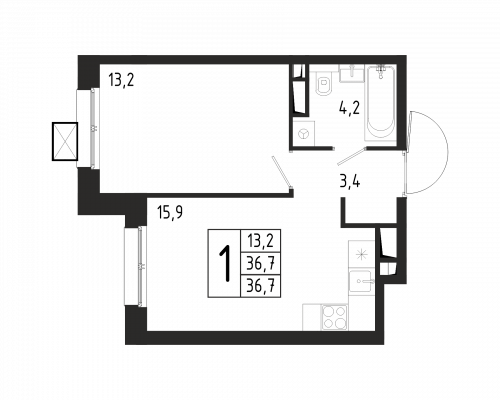 1-комнатная, квартира, 36.7 м²