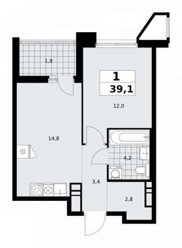1-комнатная, 39.1 м²
