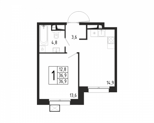 1-комнатная, квартира, 36.9 м²