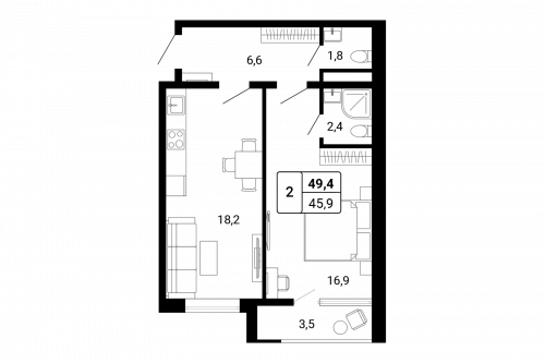 2-комнатная, 44.6 м²