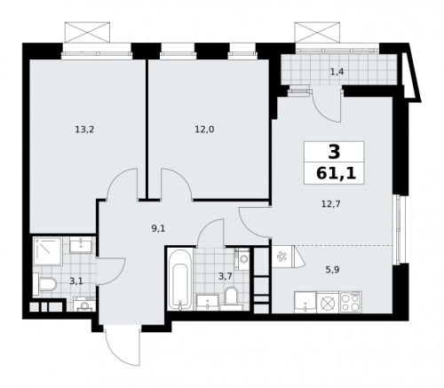 3-комнатная, 61.1 м²