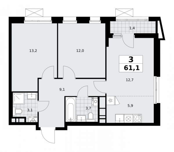 3 комнаты до 61.1